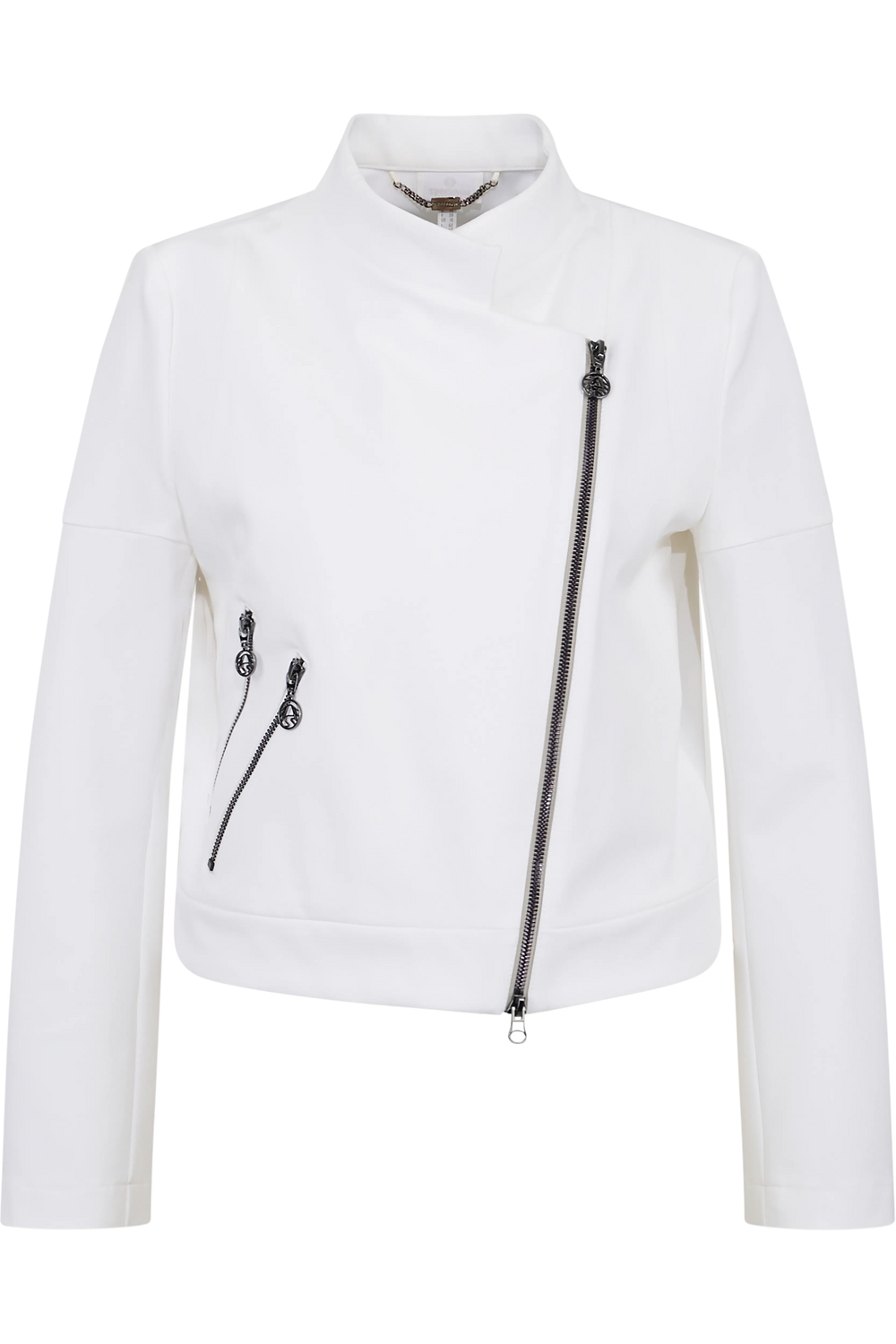 Weiße, taillierte Jacke mit asymmetrischem Reißverschluss und zwei dekorativen Reißverschlusstaschen.
