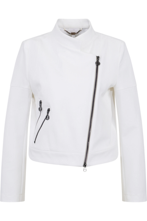 Weiße, taillierte Jacke mit asymmetrischem Reißverschluss und zwei dekorativen Reißverschlusstaschen.