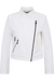 Weiße, taillierte Jacke mit asymmetrischem Reißverschluss und zwei dekorativen Reißverschlusstaschen.