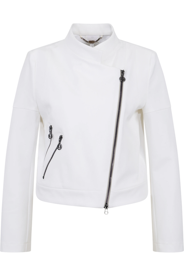 Weiße, taillierte Jacke mit asymmetrischem Reißverschluss und zwei dekorativen Reißverschlusstaschen.