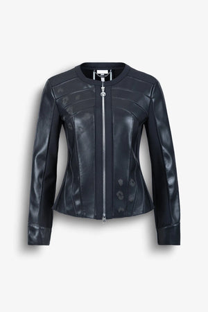 Schwarze, taillierte Lederjacke mit Reißverschluss und strukturierten Einsätzen.