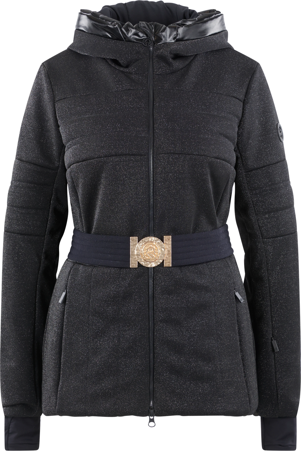 Schwarze Jacke mit Glitzer-Effekt, Kapuze und breitem elastischen Gürtel mit goldfarbener Schnalle.