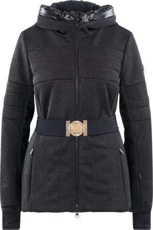 Schwarze Jacke mit Glitzer-Effekt, Kapuze und breitem elastischen Gürtel mit goldfarbener Schnalle.