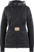 Schwarze Jacke mit Glitzer-Effekt, Kapuze und breitem elastischen Gürtel mit goldfarbener Schnalle.