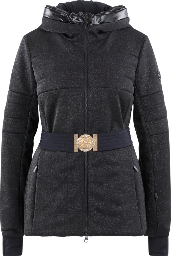Schwarze Jacke mit Glitzer-Effekt, Kapuze und breitem elastischen Gürtel mit goldfarbener Schnalle.
