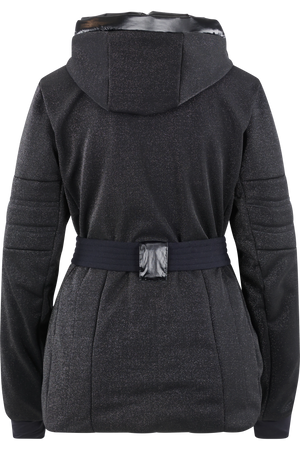 Schwarze, glitzernde Winterjacke mit Kapuze und Taillengürtel von hinten.