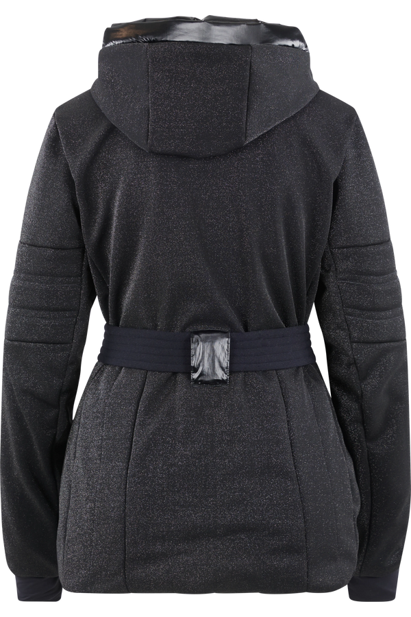 Schwarze, glitzernde Winterjacke mit Kapuze und Taillengürtel von hinten.