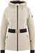 Beige Damenjacke mit Kapuze, tailliertem Schnitt und schwarzem Gürtel mit goldener Schnalle.