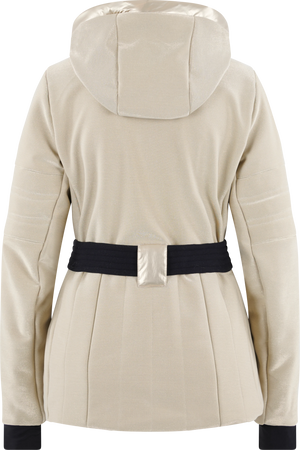 Beige Jacke mit Kapuze und schwarzem Gürtel, Rückenansicht.