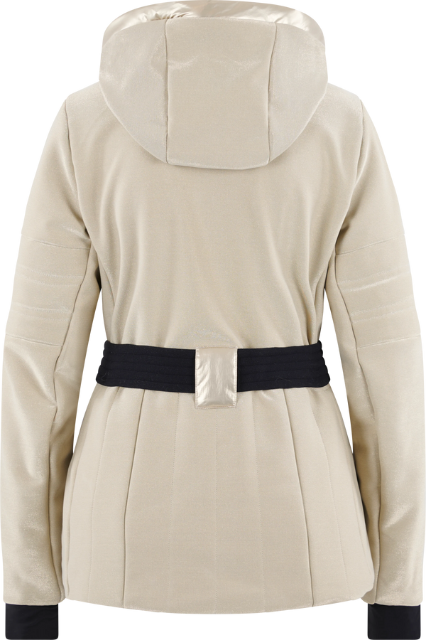 Beige Jacke mit Kapuze und schwarzem Gürtel, Rückenansicht.