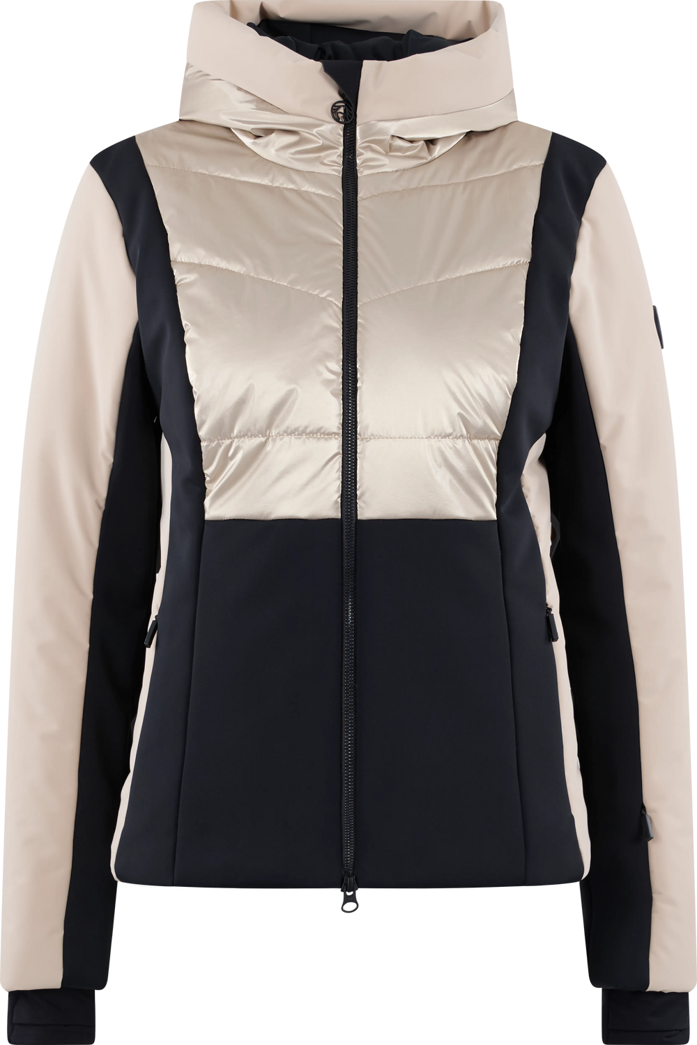Damenjacke in Beige und Schwarz mit Reißverschluss und Kapuze.