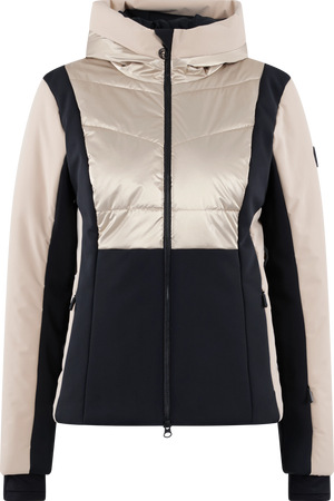 Damenjacke in Beige und Schwarz mit Reißverschluss und Kapuze.