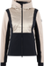 Damenjacke in Beige und Schwarz mit Reißverschluss und Kapuze.