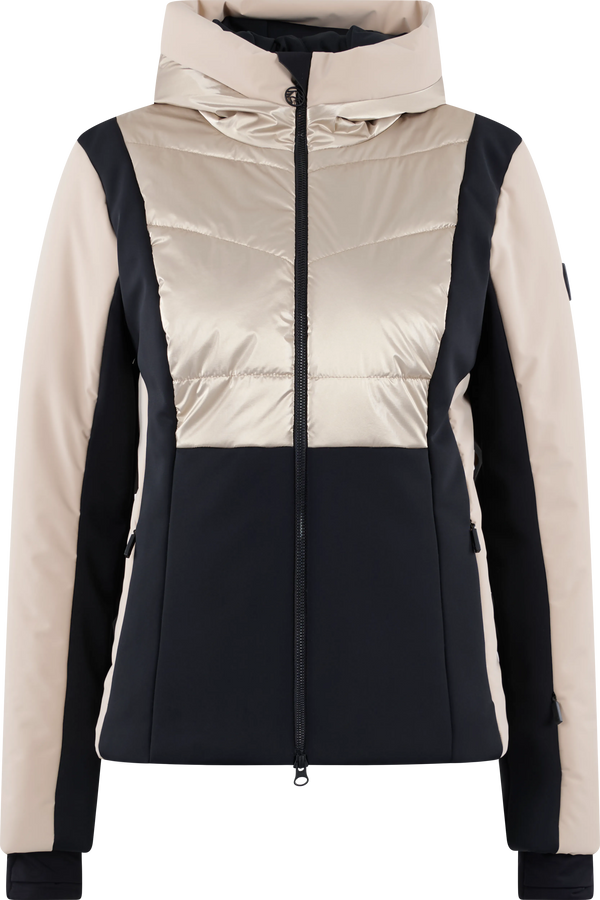 Damenjacke in Beige und Schwarz mit Reißverschluss und Kapuze.