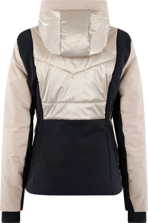 Damenjacke mit Kapuze in Beige und Schwarz, hinten sichtbar.