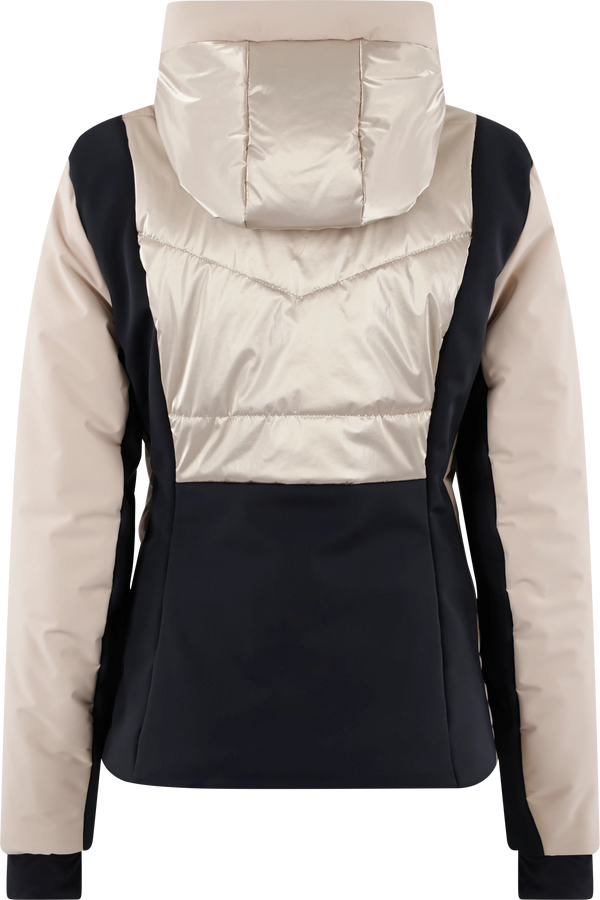 Damenjacke mit Kapuze in Beige und Schwarz, hinten sichtbar.