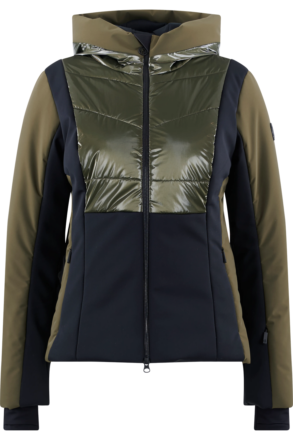 Dunkelgrüne und schwarze Winterjacke mit glänzendem, isolierendem Oberteil und Kapuze.