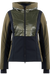 Dunkelgrüne und schwarze Winterjacke mit glänzendem, isolierendem Oberteil und Kapuze.