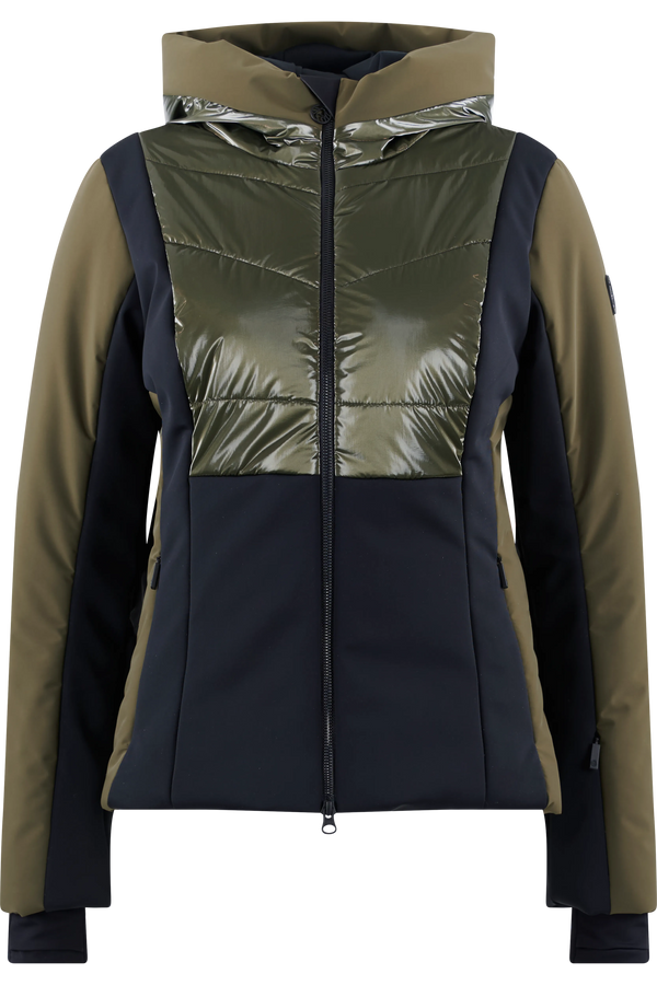 Dunkelgrüne und schwarze Winterjacke mit glänzendem, isolierendem Oberteil und Kapuze.