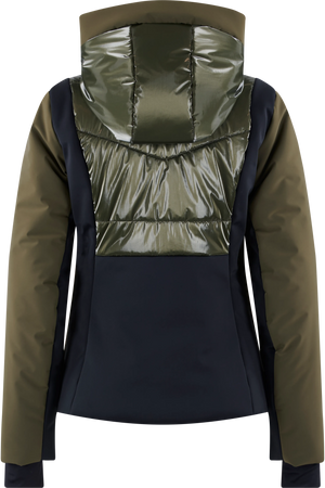 Dunkelgrüne und schwarze Jacke mit glänzendem Obermaterial und Kapuze, von hinten betrachtet.
