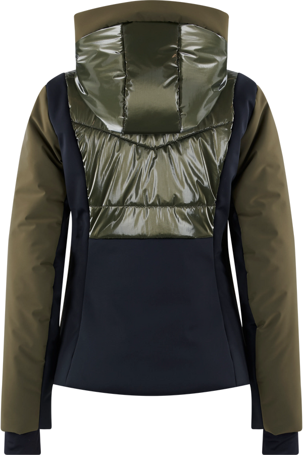Dunkelgrüne und schwarze Jacke mit glänzendem Obermaterial und Kapuze, von hinten betrachtet.