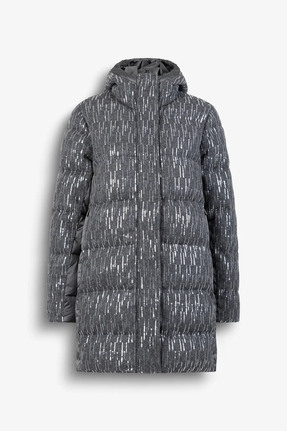 Pailletten-Wollmantel mit Nylon-Details 01