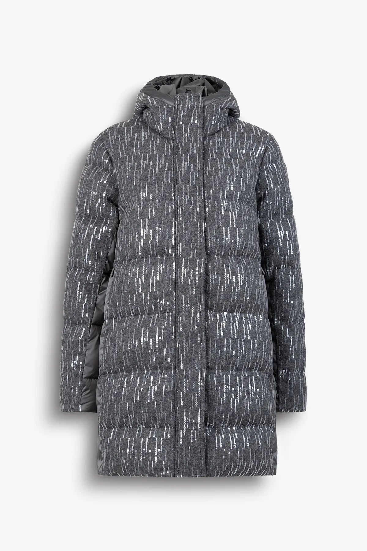 Pailletten-Wollmantel mit Nylon-Details 01