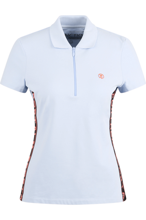 Hellblaues Poloshirt mit kurzem Reißverschluss und kontrastierenden seitlichen Streifen.