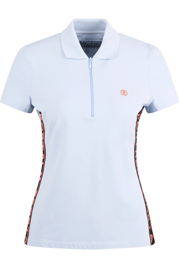 Hellblaues Poloshirt mit kurzem Reißverschluss und kontrastierenden seitlichen Streifen.