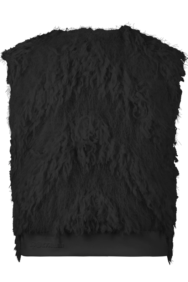 Schwarze, pelzartige Textur auf einem Oberteil.