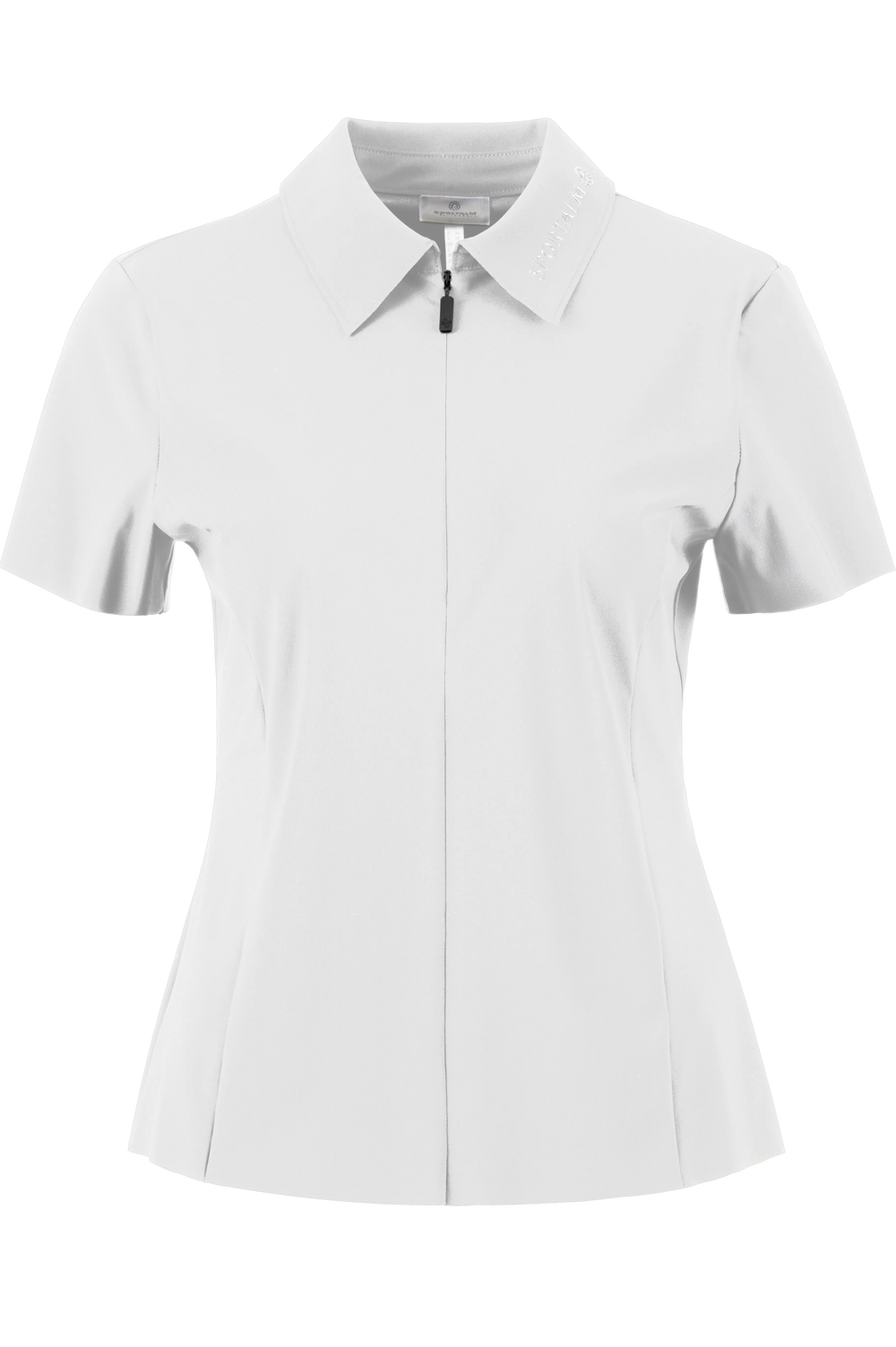 Weiße Kurzarm-Hemdbluse mit Stehkragen und Reißverschluss.