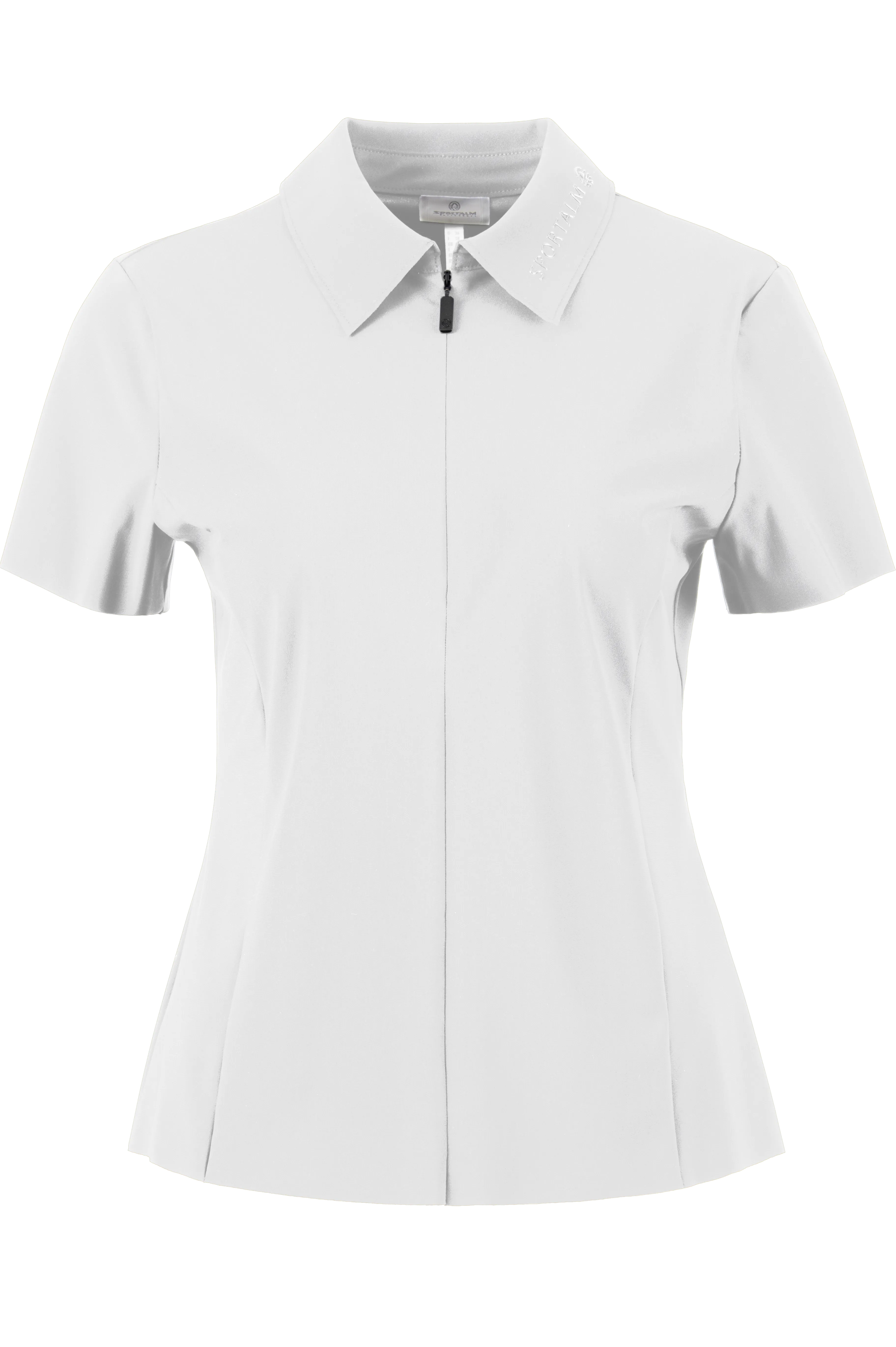 Weiße Kurzarm-Hemdbluse mit Stehkragen und Reißverschluss.
