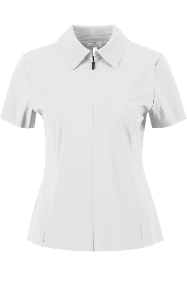 Weiße Kurzarm-Hemdbluse mit Stehkragen und Reißverschluss.