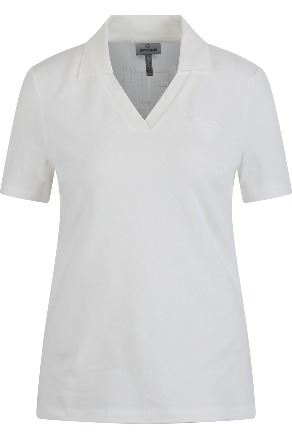Weißes Polo-Shirt für Damen mit kurzem Arm und V-Ausschnitt.
