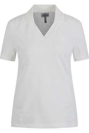 Weißes Polo-Shirt für Damen mit kurzem Arm und V-Ausschnitt.
