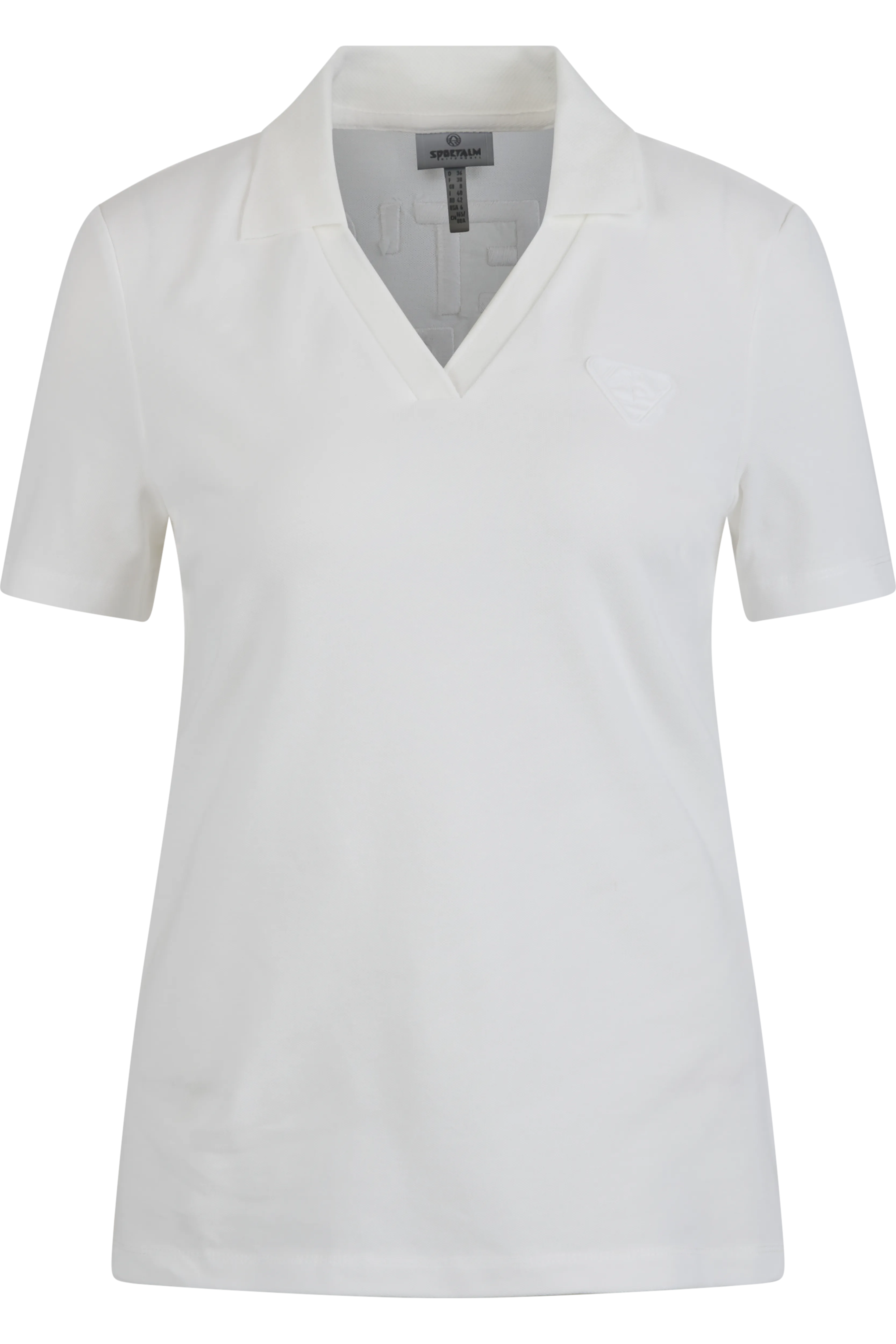 Weißes Polo-Shirt für Damen mit kurzem Arm und V-Ausschnitt.