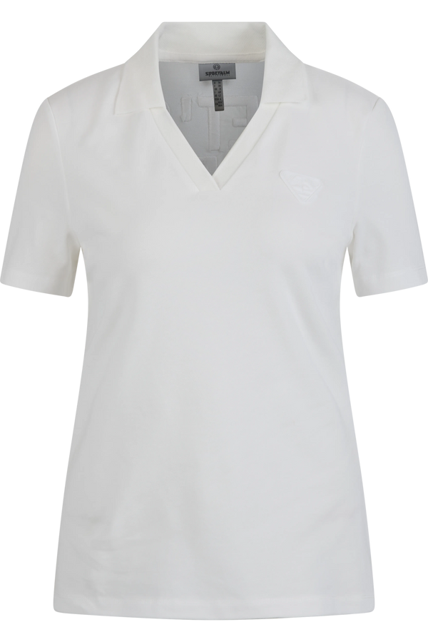 Weißes Polo-Shirt für Damen mit kurzem Arm und V-Ausschnitt.