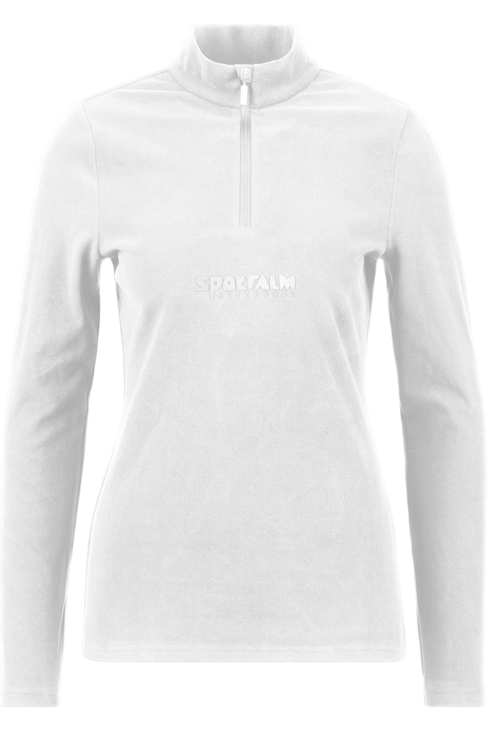 Weißes Langarmshirt mit Stehkragen und Reißverschluss.