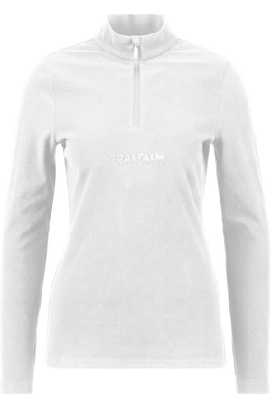 Weißes Langarmshirt mit Stehkragen und Reißverschluss.