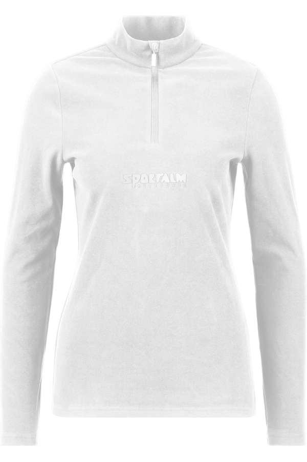 Weißes Langarmshirt mit Stehkragen und Reißverschluss.