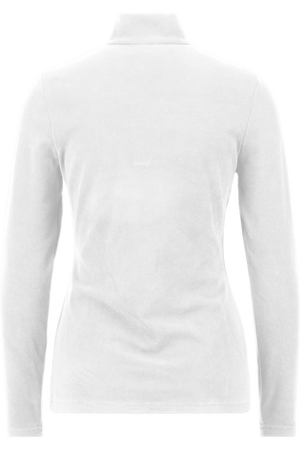 Weißes Polohemd mit langem Arm und Stehkragen, Ansicht von hinten.