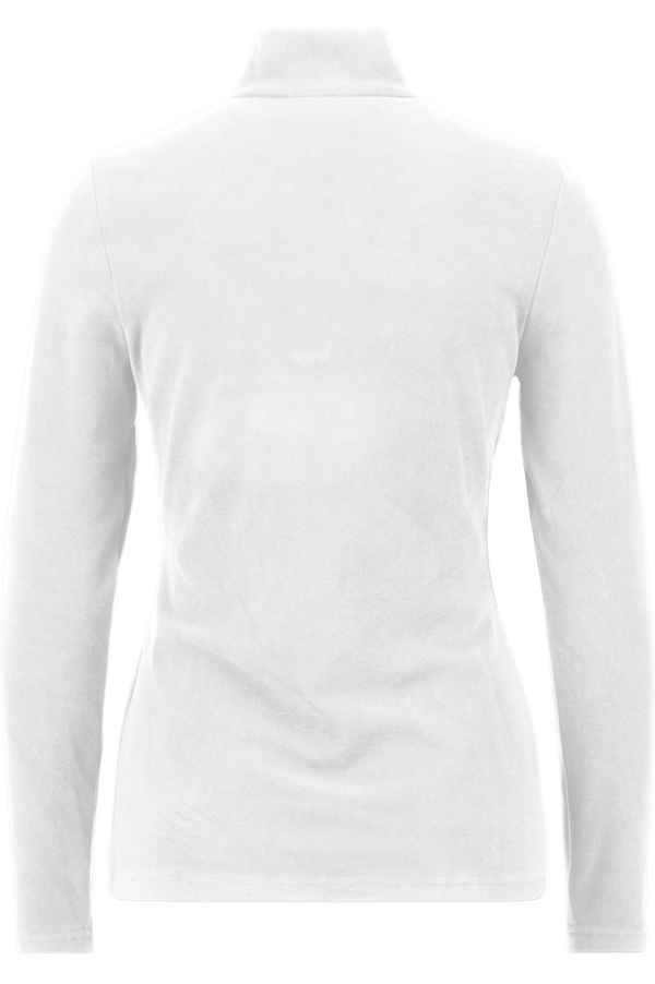 Weißes Polohemd mit langem Arm und Stehkragen, Ansicht von hinten.
