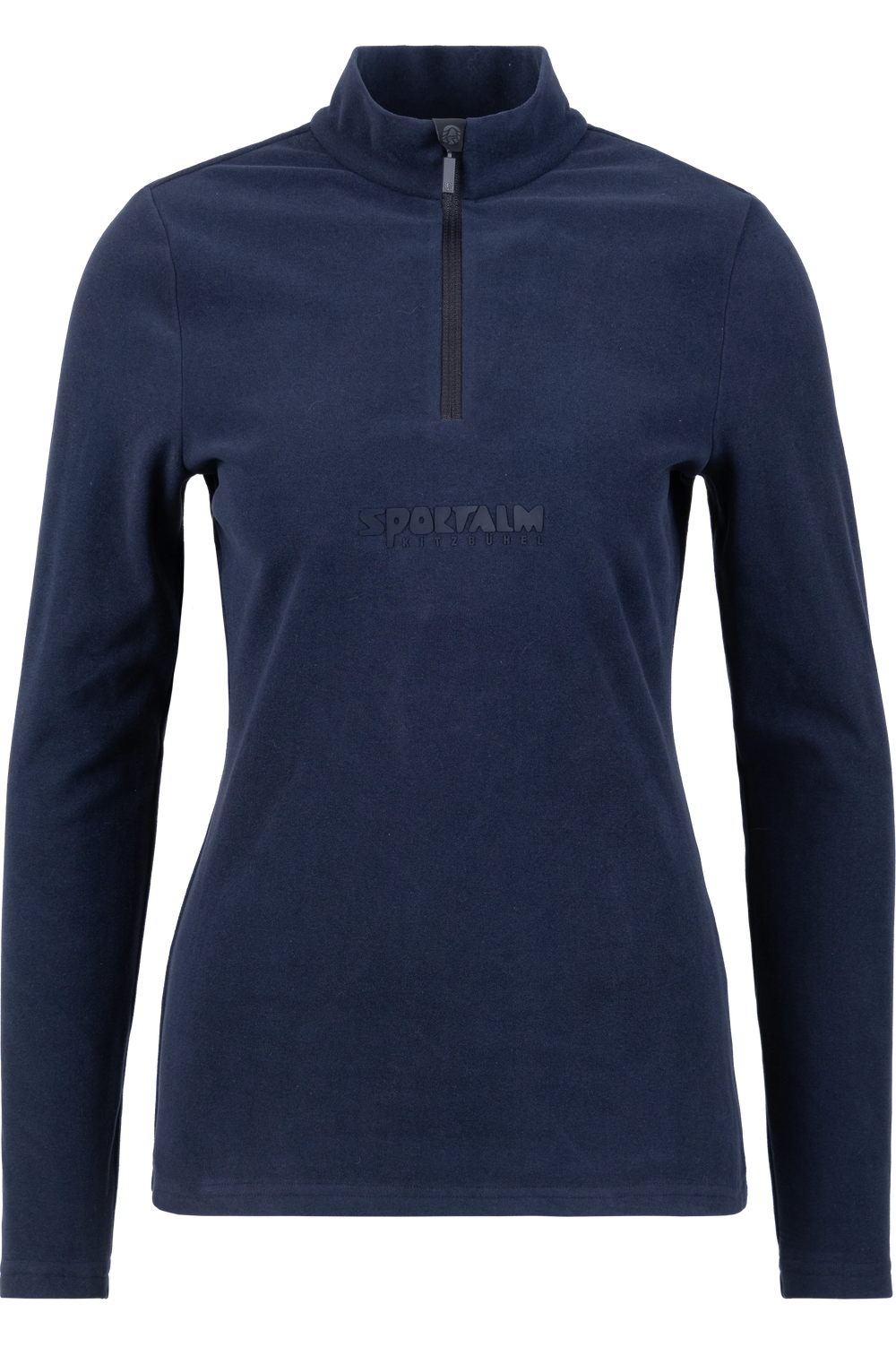 Dunkelblauer Pullover mit Stehkragen und kurzem Reißverschluss.