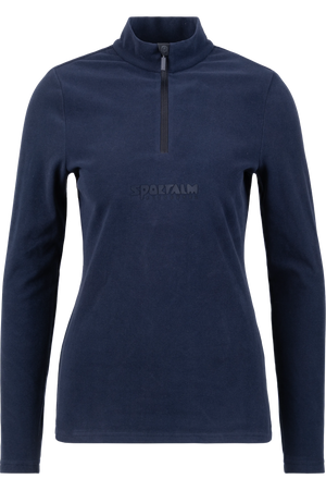 Dunkelblauer Pullover mit Stehkragen und kurzem Reißverschluss.