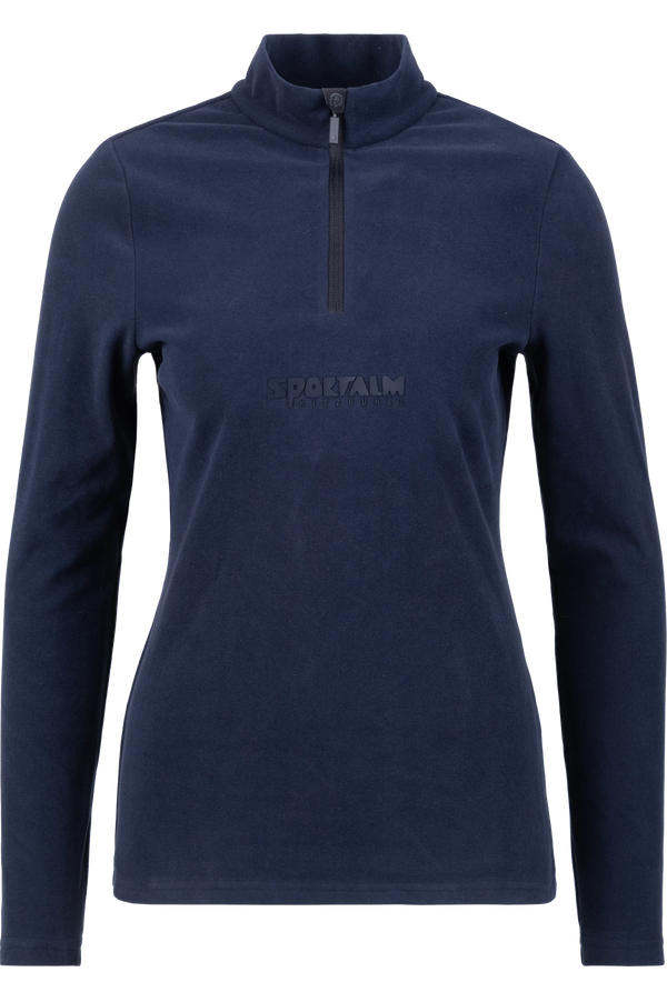 Dunkelblauer Pullover mit Stehkragen und kurzem Reißverschluss.