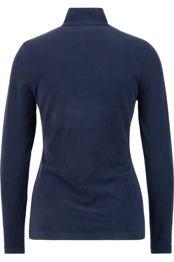 Dunkelblaues Langarmshirt mit hohem Kragen, Rückansicht.