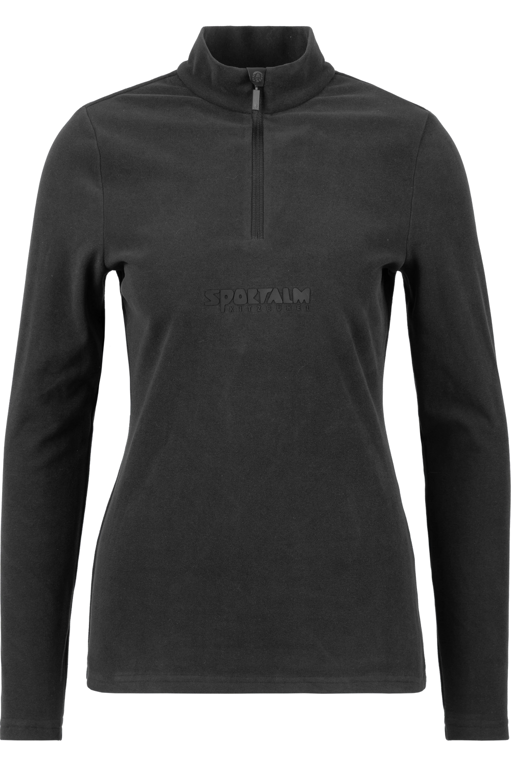 Schwarzes Sportoberteil mit Stehkragen und halbem Reißverschluss für Damen.