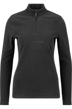 Schwarzes Sportoberteil mit Stehkragen und halbem Reißverschluss für Damen.