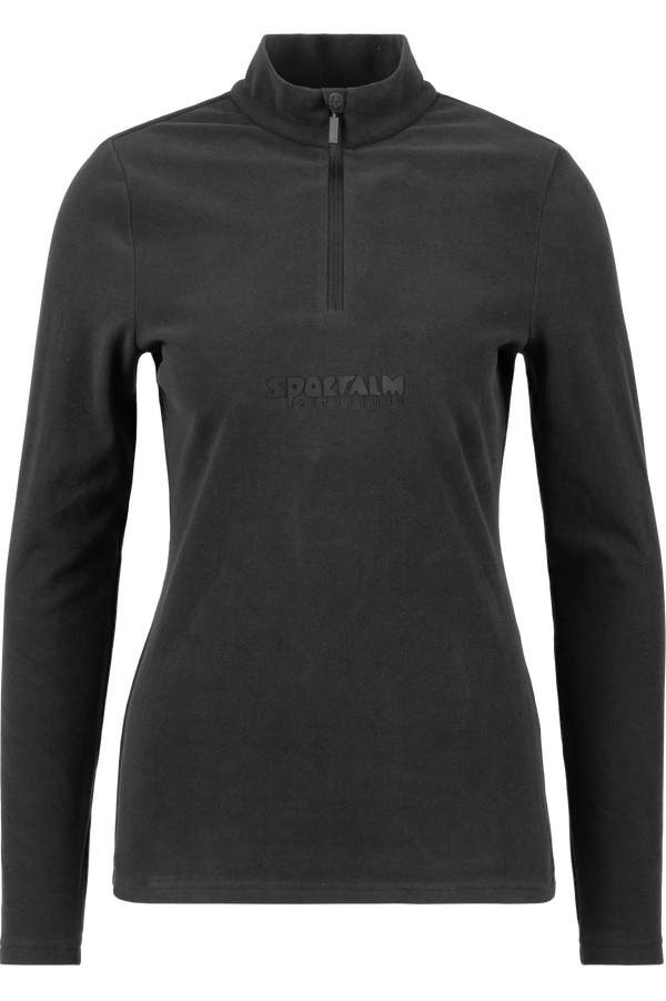 Schwarzes Sportoberteil mit Stehkragen und halbem Reißverschluss für Damen.