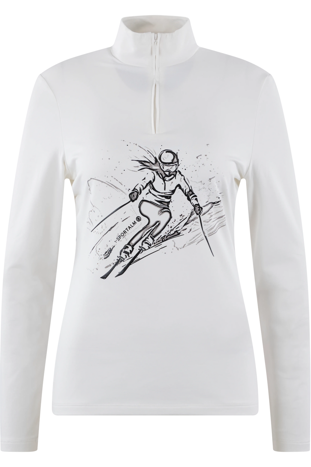 Langärmliges, weißes Ski-Shirt mit einem schwarzen Grafikdruck einer Skifahrerin.